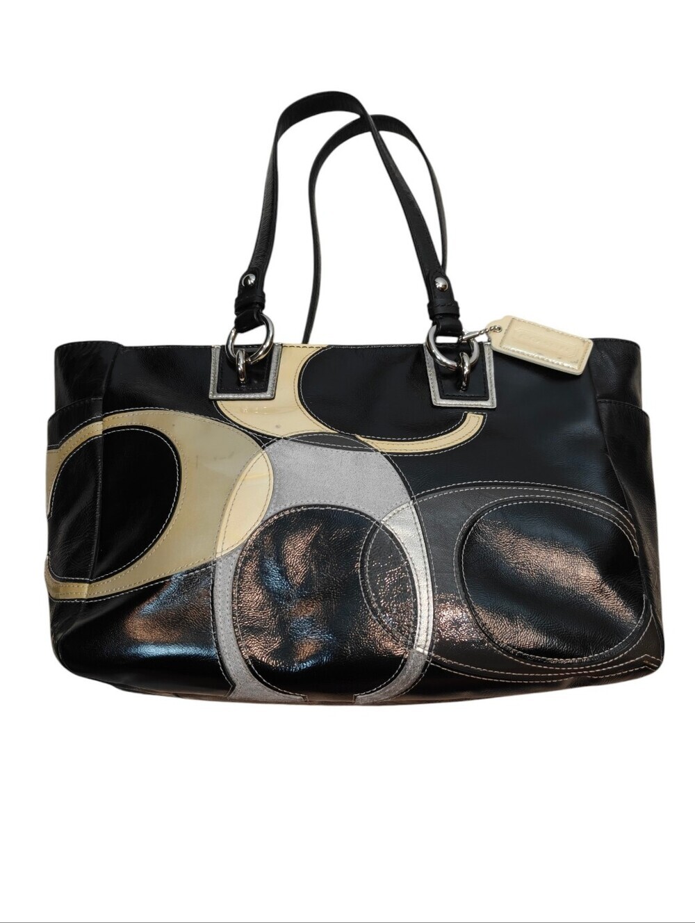 Coach Black Leather Shoulder Tote with Cream and Gray Circle Inlay - Picture 4 of 16